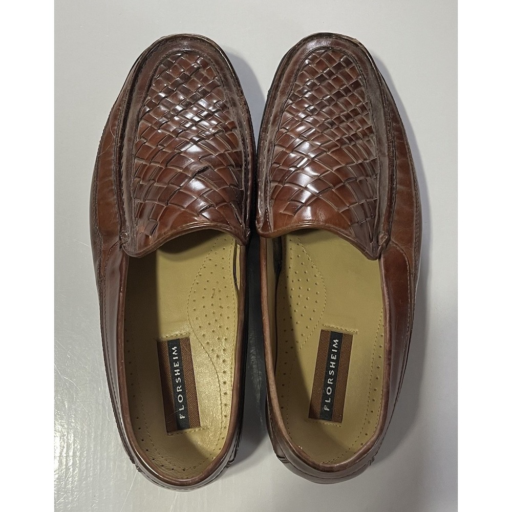 Florsheim Brown Woven Leather Loafers Men's 10 3E Extra Wide Slip On Dress Shoe